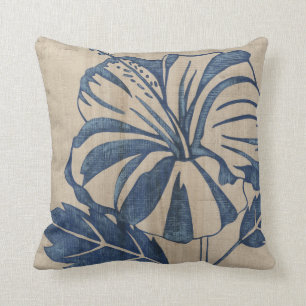 Indigo Hibiscus Throw Pillow