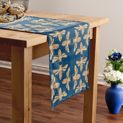 Indigo  Honeycomb Golden Bee Wedding Shower Medium Table Runner