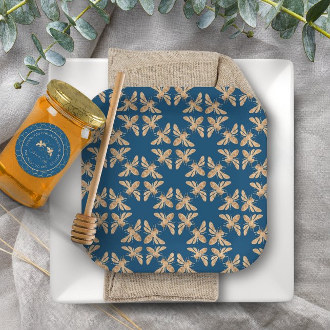 Indigo & Honeycomb Golden Bee Wedding Shower Paper Plates (Creator Uploaded)