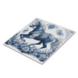 Indigo Horse:  Floral Elegance  Ceramic Tile<br><div class="desc">An indigo horse, poised mid-stride, exudes floral elegance on this ceramic tile. Intricate floral designs, like delicate blossoms, cascade across the horse's body, flowing mane, and tail, mirroring the patterns on its decorative saddle or harness. The artist masterfully depicts the animal's powerful muscles and graceful movement. A border of detailed...</div>