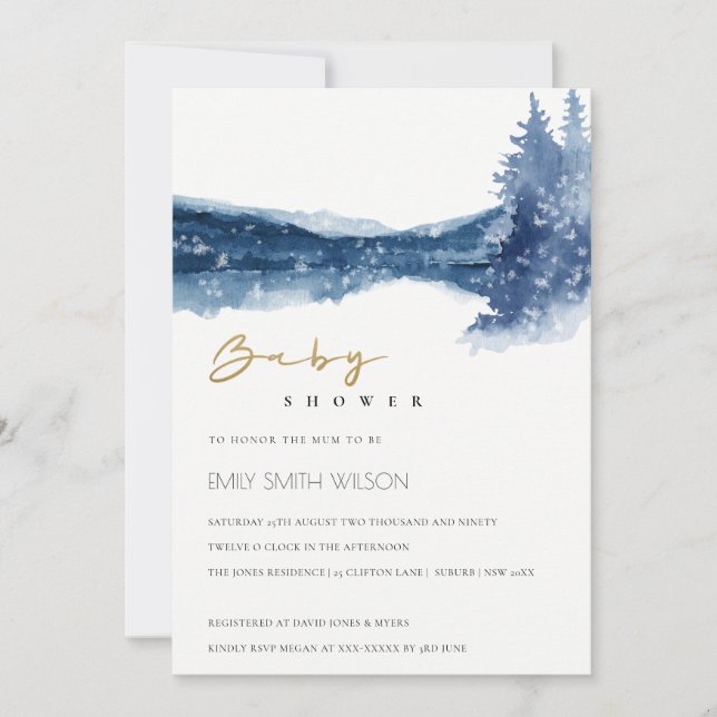 INDIGO INK BLUE MOUNTAIN LAKE BABY SHOWER INVITE (Front)