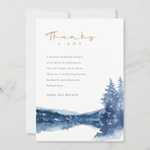 INDIGO INK BLUE MOUNTAIN LAKE PINE SNOW WEDDING THANK YOU CARD