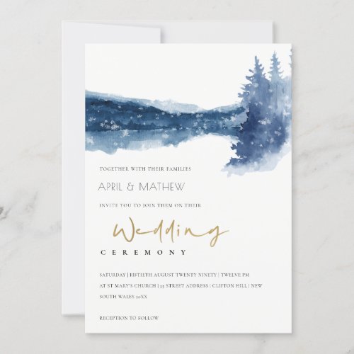 INDIGO INK BLUE MOUNTAIN LAKE SNOW WEDDING INVITE