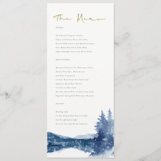 INDIGO INK BLUE MOUNTAIN LAKE SNOW WEDDING MENU (Front)