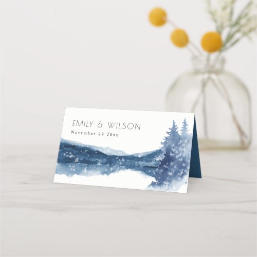 INDIGO INK BLUE SNOW MOUNTAIN LAKE WEDDING PLACE CARD
