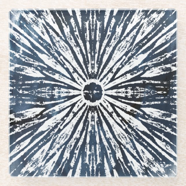 Indigo Ink Radial Motif Glass Coaster (Front)