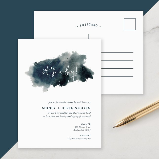 Indigo Ink Wash Boy Baby Shower by Mail Invitation (Creator Uploaded)