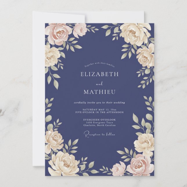 Indigo Ivory Petal Wedding Invitation (Front)
