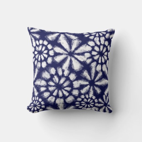 Indigo Japanese Shibori Tie Dye Floral Print Throw Pillow