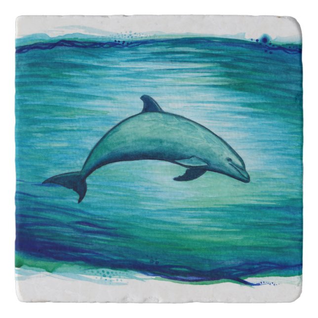 Indigo Lagoon ~ Dolphin Watercolor Trivet (Front)