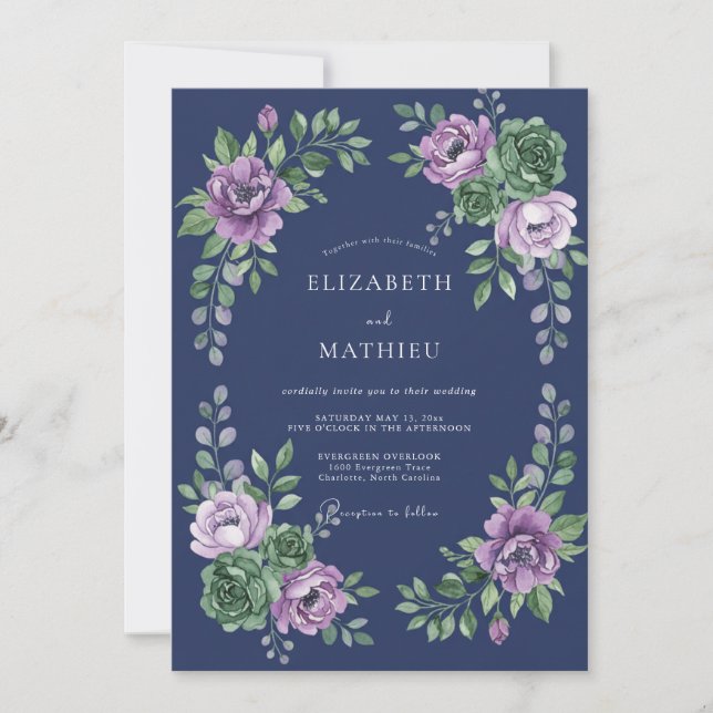 Indigo Lavender Ranunculus Eucalyptus Wedding Invitation (Front)
