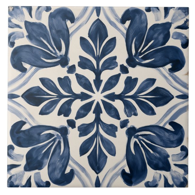 Indigo Leafy Folk Floral Ceramic Tile (Front)