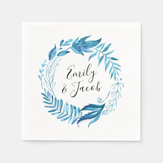Indigo Leaves | Personalized Wedding Napkins (Front)