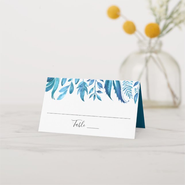 Indigo Leaves | Personalized Wedding Place Card (Front)