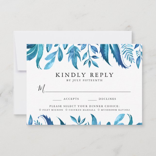 Indigo Leaves | RSVP Card With Meal Choice (Front)