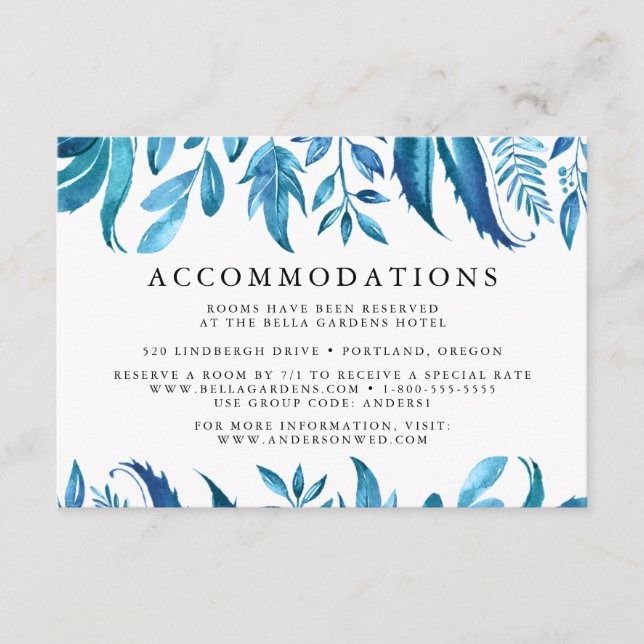 Indigo Leaves | Wedding Hotel Accommodation Enclosure Card (Front)