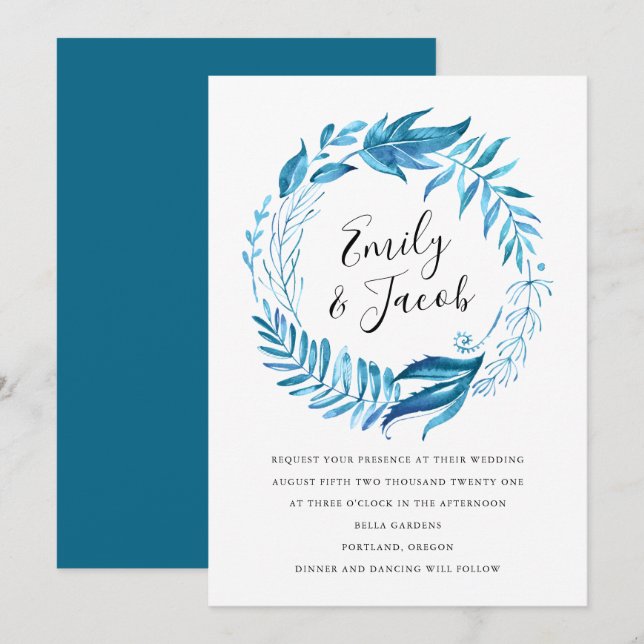 Indigo Leaves | Wreath Wedding Invitation (Front/Back)