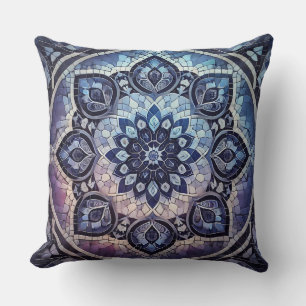 Indigo Mandala Pattern: Deep Gradient Mosaic Throw Pillow