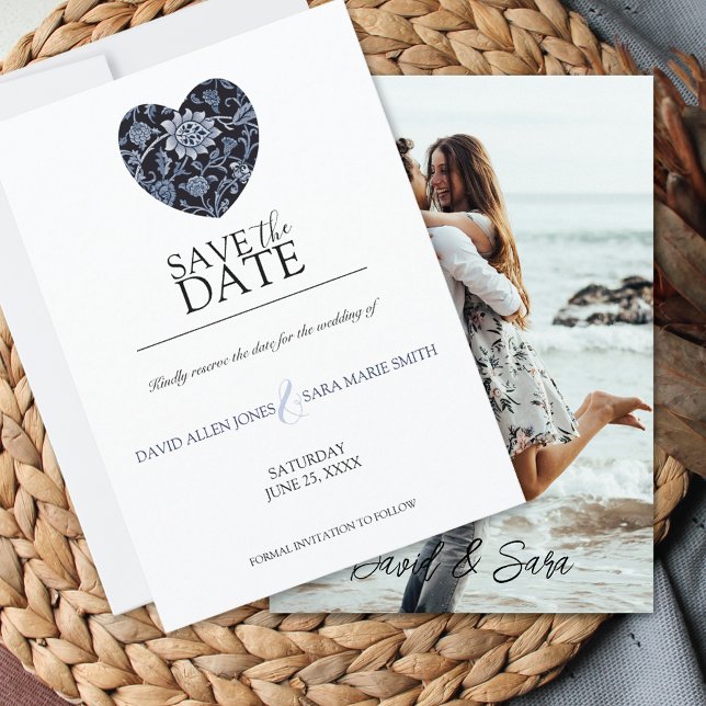 Indigo Meadow Floral Heart Save The Date Card (Creator Uploaded)