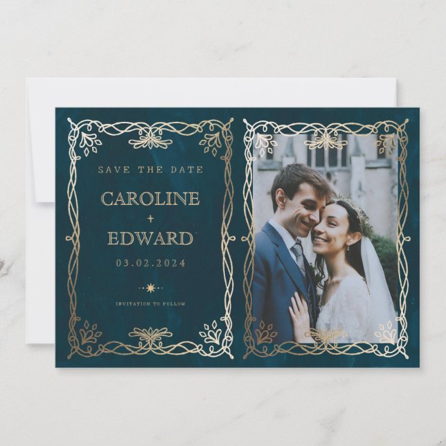 Indigo  Medieval Gold Ivy Photo QR code Save The Date (Front)