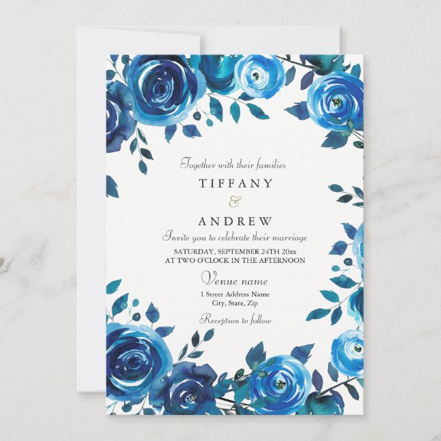 Indigo Midnight Blue Floral Wreath Wedding Invite (Front)