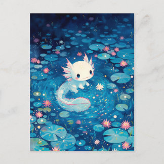 Indigo Midnight Glow Kawaii Axolotl Pond Postcard
