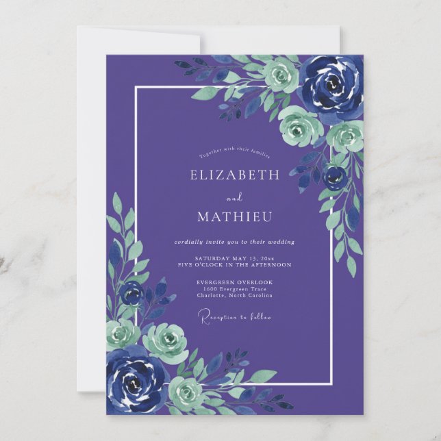 Indigo Mint Botanical Romance Wedding Invitation (Front)