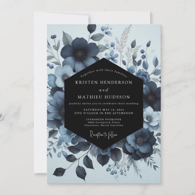 Indigo Moody Bloom Wedding Invitation (Front)