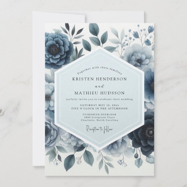 Indigo Moody Floral Wedding Invitation (Front)