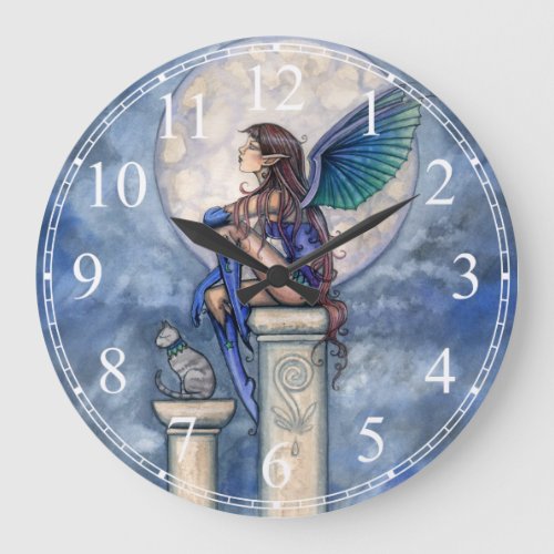 Indigo Moon Blue Fairy and Cat Fantasy Clock