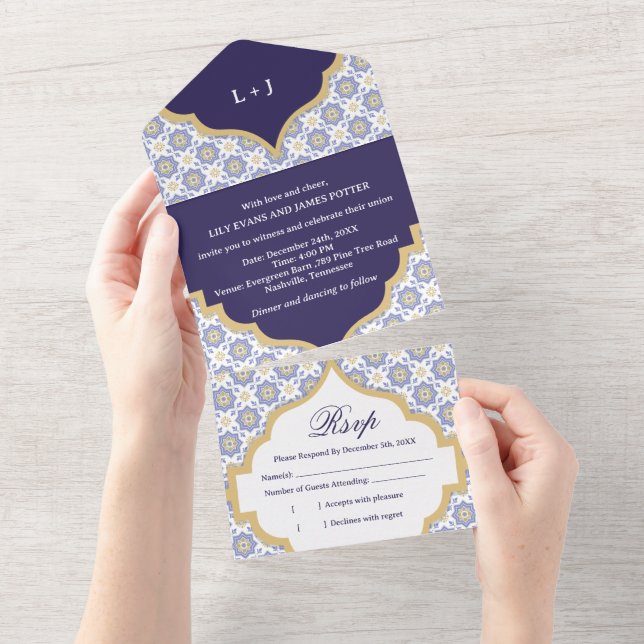 Indigo Moroccan Tile Wedding  All In One Invitation (Tearaway)
