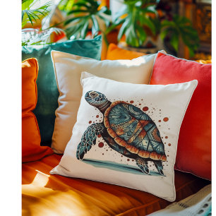 Indigo Mosaic Sea Turtle Throw Pillow