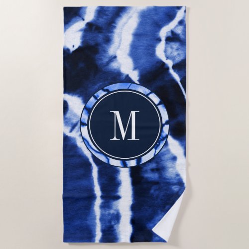 Indigo Nautical Blue Tie Dye Watercolor Monogram Beach Towel