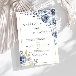 Indigo Navy Blue and Gold Elegant Romantic Wedding Invitation