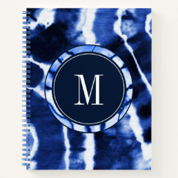 Indigo Navy Blue Cool Tie Dye Watercolor Monogram Notebook