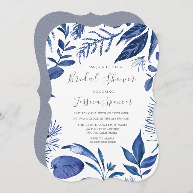 Indigo Navy Blue Leaf Floral Bridal Shower Invite (Front/Back)
