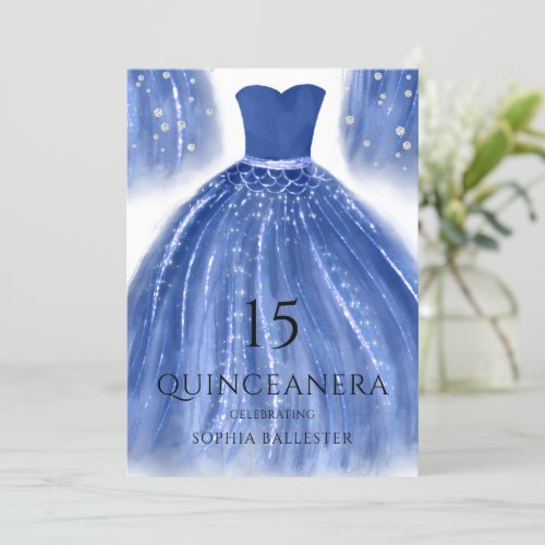 Indigo Navy Blue Mermaid Dress Quinceanera Invitation