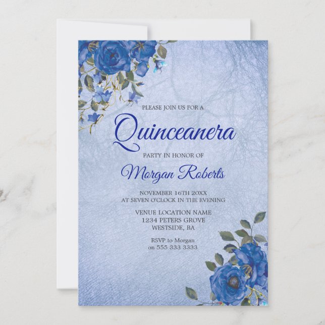 Indigo Navy Flowers Blue Watercolor Quinceanera Invitation (Front)