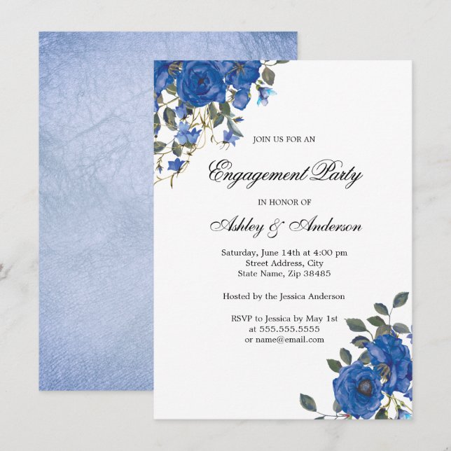 Indigo Navy Midnight Blue Flowers Engagement Party Invitation (Front/Back)