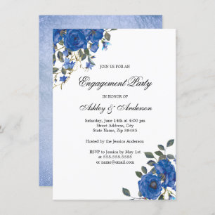 Indigo Navy Midnight Blue Flowers Engagement Party Invitation