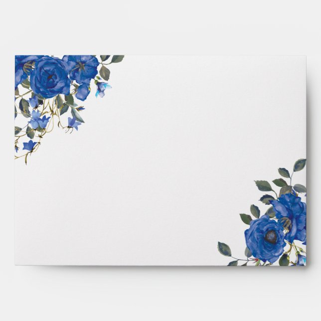 Indigo Navy Midnight Blue Flowers Invitation Envelope (Front)