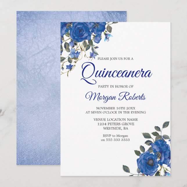 Indigo Navy Midnight Blue Flowers Quinceanera Invitation (Front/Back)