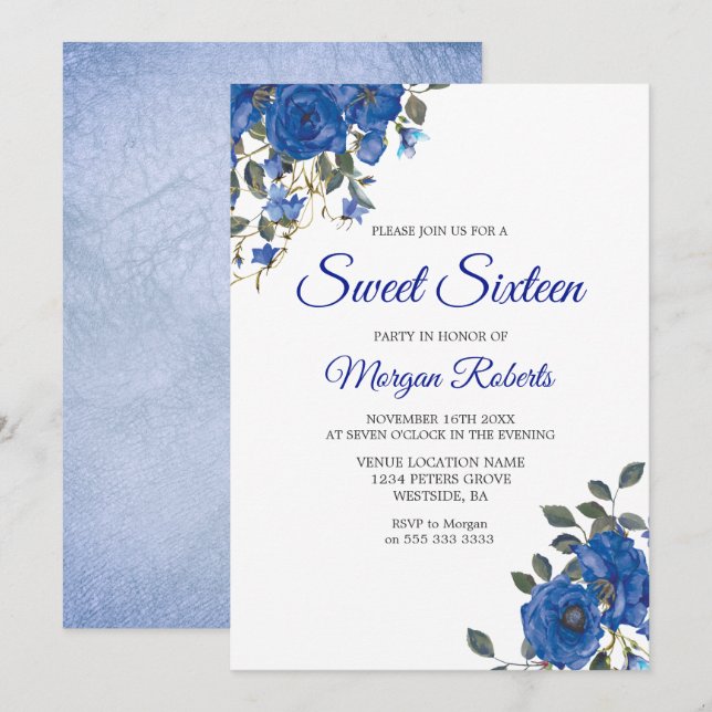 Indigo Navy Midnight Blue Flowers Sweet 16 Invite (Front/Back)