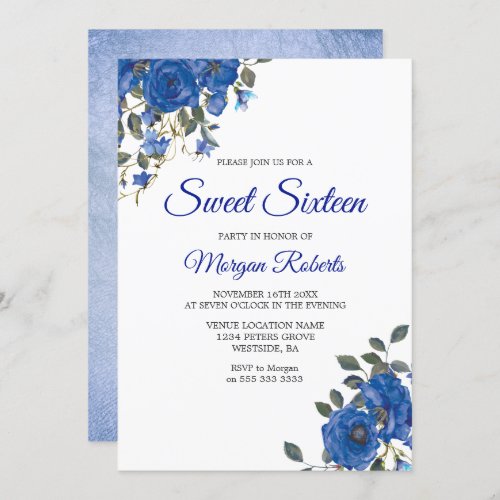 Indigo Navy Midnight Blue Flowers Sweet 16 Invite