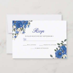 Indigo Navy Midnight Blue Flowers Wedding RSVP