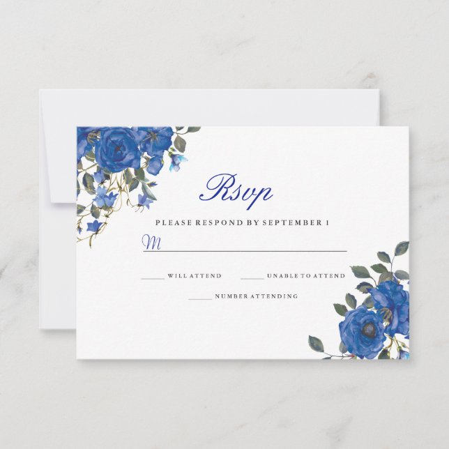 Indigo Navy Midnight Blue Flowers Wedding RSVP Card (Front)