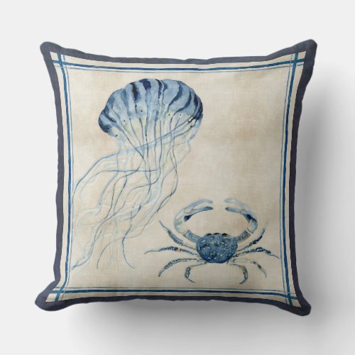 Indigo Ocean Beach Sketchbook Watercolor Crab Throw Pillow