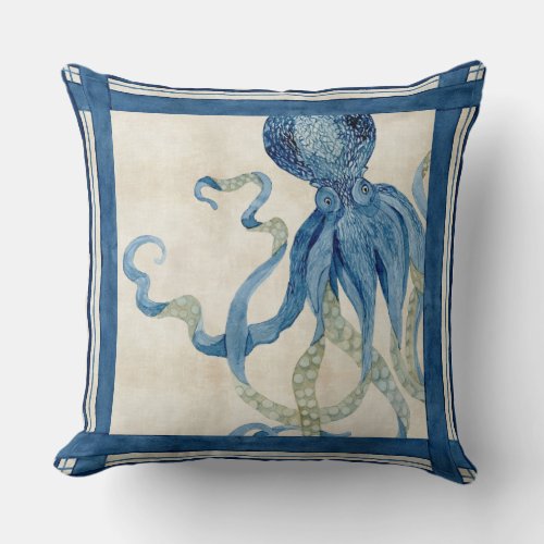 Indigo Ocean Beach Sketchbook Watercolor Octopus Throw Pillow