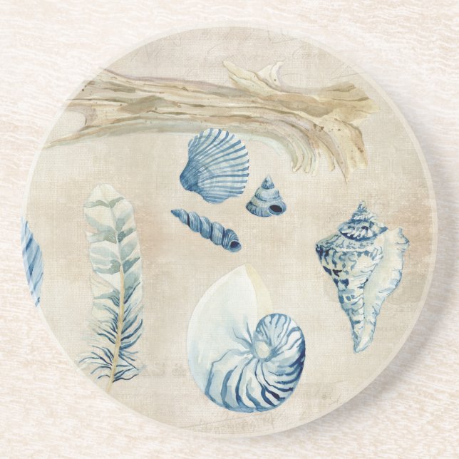Indigo Ocean Beach Sketchbook Watercolor Shells Drink Coaster (Front)