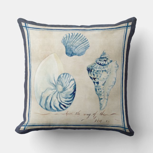 Indigo Ocean Beach Sketchbook Watercolor Shells Throw Pillow (Front)